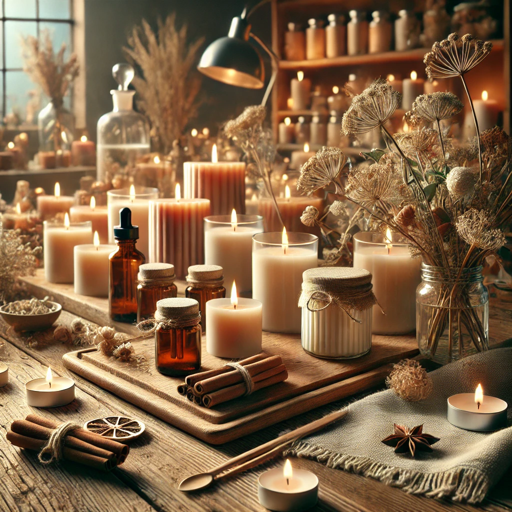DALL·E 2025-02-03 22.04.01 - A hyperrealistic image of an artisanal candle-making workspace. A beautifully arranged wooden table with handcrafted candles in glass jars, surrounded